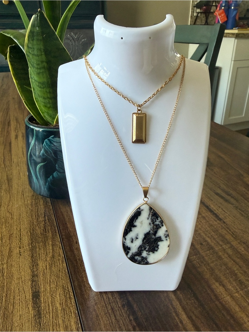 Gold Layered Necklace with Zebra Jasper-Black and White Teardrop Pendant